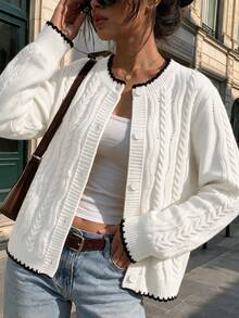 Women's Cropped White Cable Knit Cardigan With Black Trim, Long Sleeve Round Neck Button-Up Sweater For Fall - White - View 1