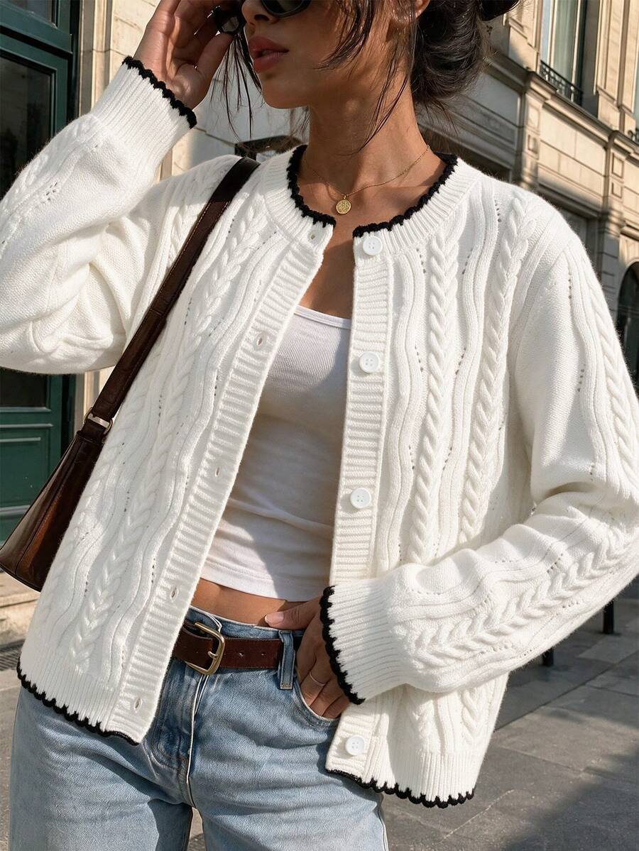 Women's Cropped White Cable Knit Cardigan With Black Trim, Long Sleeve Round Neck Button-Up Sweater For Fall - White - View 1