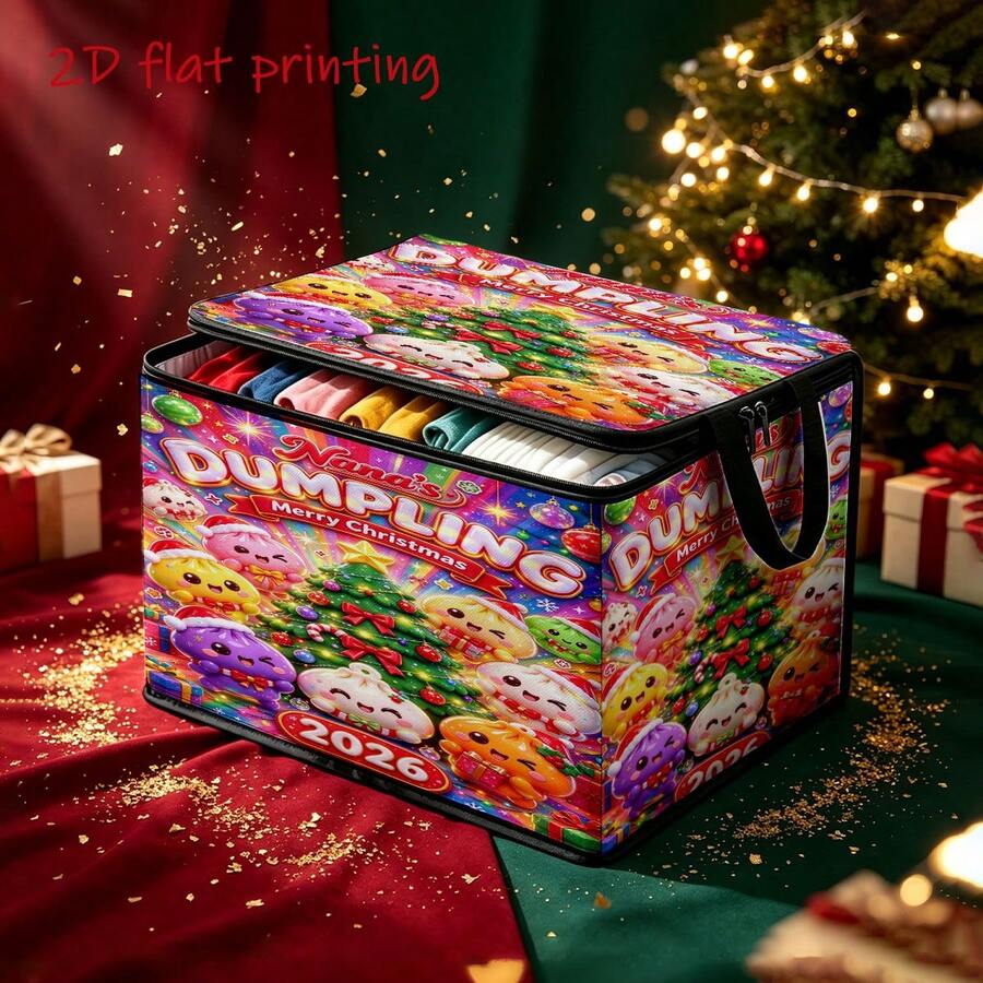 1PC Factory Direct Christmas Colorful Cute Dumpling Cartoon Print Pattern Zipper Flap Foldable Storage Box - Suitable For Book Organization, Underbed Storage, Car Trunk Storage, Cosmetics, Hair Styling Tools, Office, Home Organization, Clothing, Blankets, Daily Essentials Large Capacity Storage - 1 Unit - View 1
