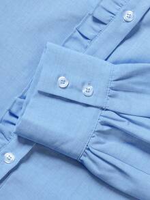 minisummer Women Elegant Fall Ruffle Stand Collar Shirt, Long Sleeve Button Down Blouse, Fall Clothes For Women, Vacation Outfits Women - Light Wash - View 5
