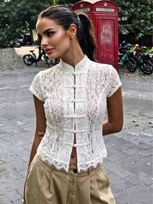 Spring Summer Autumn Women's Vacation Style Stand Collar Frog Button Lace Blouse, Versatile For Multiple Occasions White - White - View 8