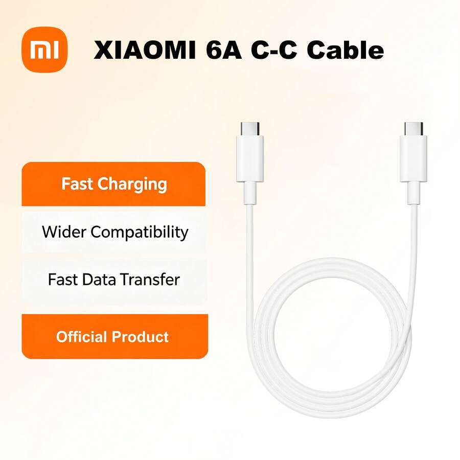 Original XIAOMI 6A 120W USB-C To USB-C Fast Charging Cable, 480Mbps High-Speed Data Sync Cable, 1m 6A High Current Support Xiaomi 120W HyperCharge, Compatible With MacBook, IPad Pro, IPad Air, IPad Mini, Android Phones, Tablets & All Type-C Devices - White - View 1