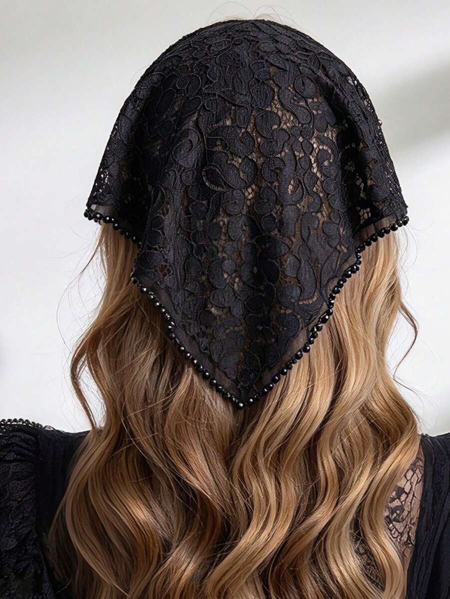1PC Fashion Black Lace Headband, Vintage Hollow Beaded Triangular Scarf Headpiece, Dark Series Holiday Hair Accessory