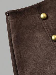 DONICY Fall Clothes For Women, Dark Brown Faux Suede High‑Waist Shorts, Double‑Row Vintage Metal Buttons A‑Line Wide Leg Loose Fit Shorts - Coffee Brown - View 3