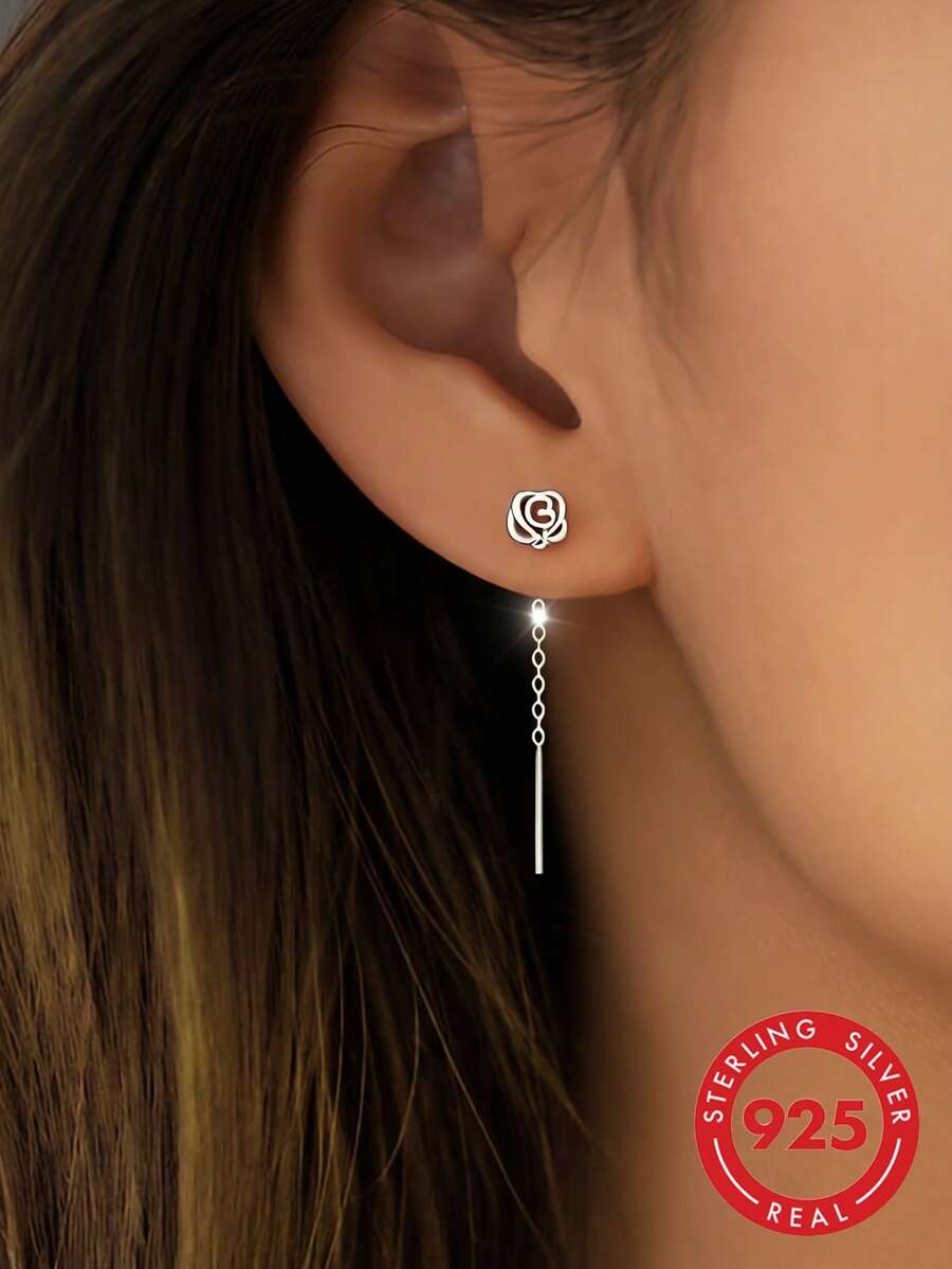 ELSEDES 1pair Stylish S925 Silver Rose Shaped Symbolizing Romance And Beauty, Minimalism And Personalized Style, Highlighting Shining Charm. Perfect For Women's Daily Wear, Dating Or As Gift To Girlfriend - Silver - View 1