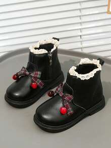 Girls' Boots, Korean Style Cute Lace Trim Strawberry Decor Comfortable Non-Slip Ankle Boots - Black - View 4