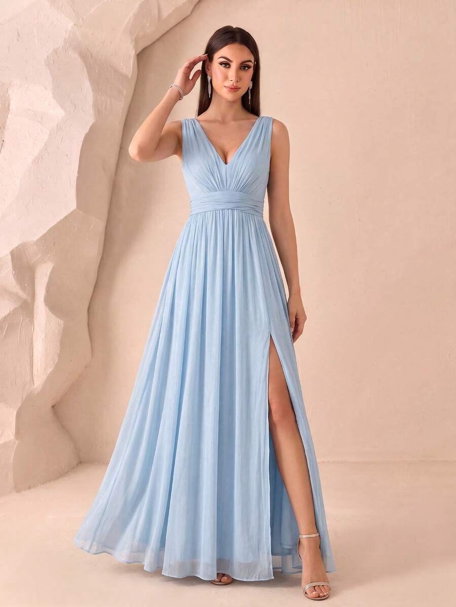 XUCTHHC Elegant V-Neck Sleeveless Chiffon A-Line Blue Bridesmaid Dress, Formal Evening Gown, Suitable For Wedding Guests, Prom, Holiday, Autumn/Winter