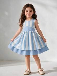 Young Girls' Sleeveless Striped Dress With Pearl Trim On Chest And Bow On Back, Layered Skirt, Fresh Princess Style, Spring/Summer - Blue - View 1