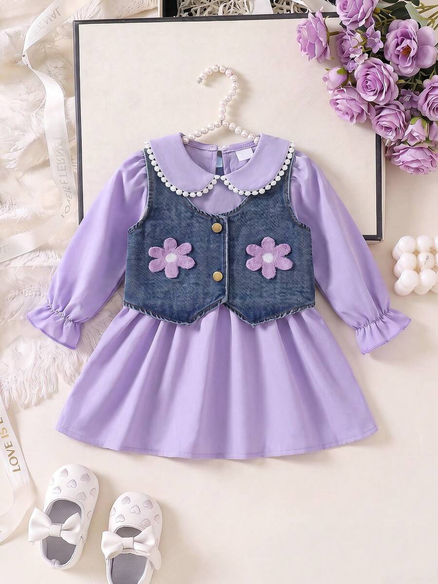 Girls Baby 2pcs Set Pearl Lace Peter Pan Collar Petal Sleeve Dress Embroidered Floral Washed Denim Vest Outfit Spring Autumn - Mauve Purple - View 1