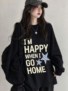 Women's Round Neck Long Sleeve T-Shirt, Spring/Autumn New Star Pattern & Letter Print, Fashion Casual Versatile Loose Top - Black - View 8