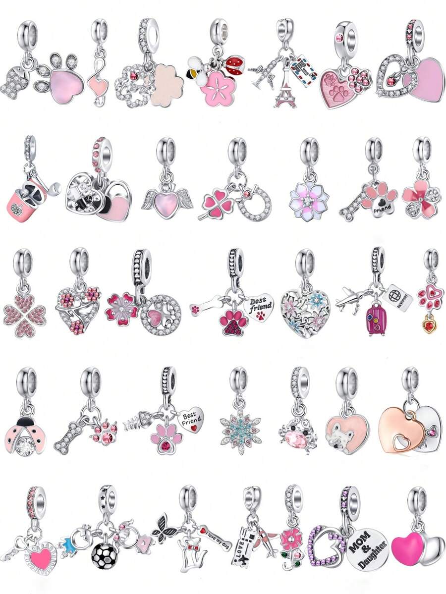 Cute Enamel Charm Set With Hearts, Dog Paws & Eiffel Tower Silver Tone Dangles For Link Bracelets, Fun Jewelry Making Accessories For Her - Multicolor - View 1