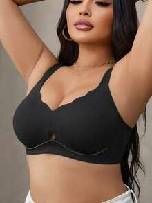 1pc Soft Support Large Bust Bra, Thin Jelly Lift Seamless Wire-Free Bra, Fixed Cup, Large Bust Minimizing, Anti-Sagging, Adjustable Straps, Wire-Free Support, Back Hook, Adjustable, Push-Up, Comfortable, Bra, Daily Wear - Black - View 4
