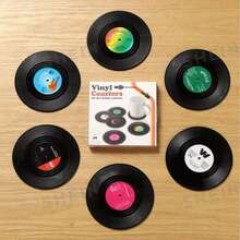 Bộ 6 miếng lót ly CD phong cách vintage, miếng lót ly đĩa than, miếng lót ly tách cà phê và trà - màu đen - Xem 6