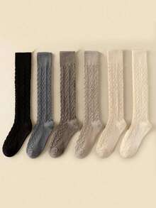 1 Pair/6 Pairs Women's Warm Winter Knee-High Socks With Striped Pattern Design, Leg Warmer Set Suitable For Cold Weather, Daily Wear, Office Work, Outdoor Activities And Cold Floors, Hand Washable Warm Leggings - Multicolor - View 2