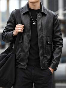 New Men's Solid Color PU Leather Zipper Front Lapel Casual Jacket - Black - View 1