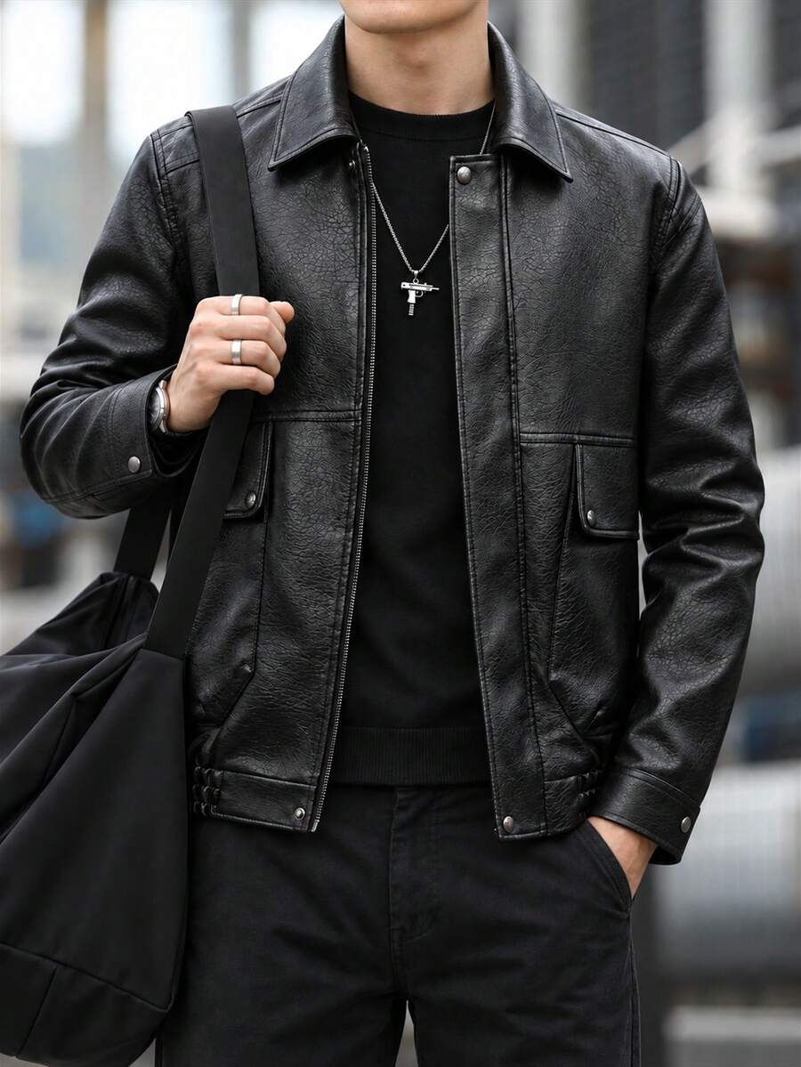 New Men's Solid Color PU Leather Zipper Front Lapel Casual Jacket - Black - View 1