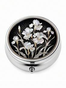 1pc Dark Night White Iris Round Metal Storage Box & Portable Pill Case, 3-Compartment Layout To Prevent Mixing, Suitable For Carrying Medicine, Vitamins, Jewelry And Other Personal Items; Compact And Easy To Access, Durable Body Suitable For Commuting, Travel, Outdoor And Home Use, Exquisite Pattern Brightens Daily Life, Also Great As A Gift - Multicolor - View 2