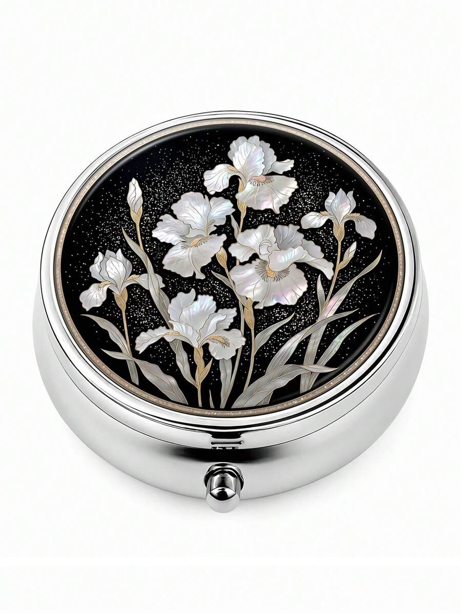 1pc Dark Night White Iris Round Metal Storage Box & Portable Pill Case, 3-Compartment Layout To Prevent Mixing, Suitable For Carrying Medicine, Vitamins, Jewelry And Other Personal Items; Compact And Easy To Access, Durable Body Suitable For Commuting, Travel, Outdoor And Home Use, Exquisite Pattern Brightens Daily Life, Also Great As A Gift