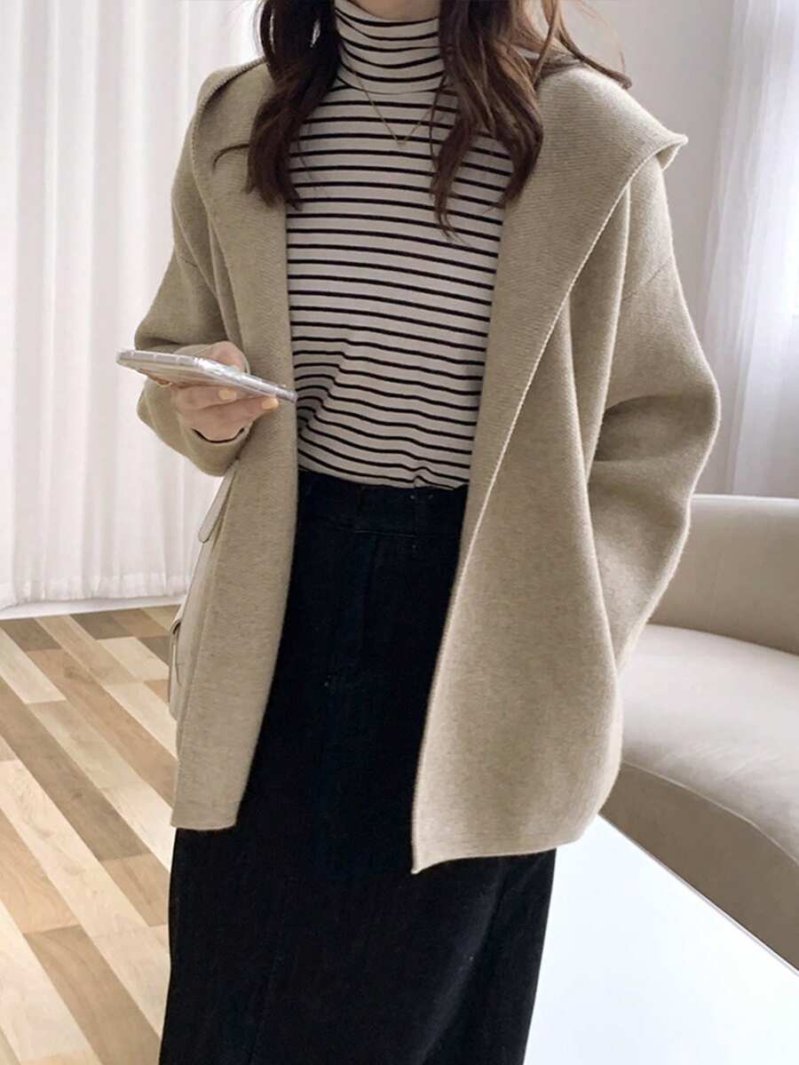 Alicedudu Áo khoác cardigan dáng rộng có mũ trùm đầu phong cách tối giản dành cho nữ, Thu/Đông - Màu be - Xem 1