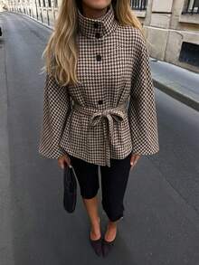 Mantel Cape Pendek Wanita Motif Houndstooth dengan Sabuk & Kancing Depan, Lengan Mengembang, Gaya Jalanan, Busana Musim Gugur Musim Dingin untuk Perjalanan Sehari-hari - kopi - View 5