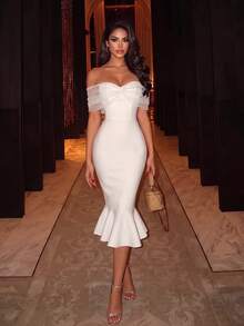 ADYCE White Off-Shoulder Mermaid Hem Dress, Elegant Cocktail Party Semi-Formal Gown For Wedding Guest Fall - White - View 2