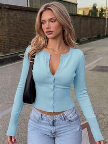 Women's Casual Fashion Light Blue Round Neck Long Sleeve Waist Fitted Knit Cardigan, Spring/Autumn Vacation Fall - Light Blue - View 4