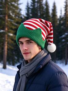 6pcs,Christmas Elf Knitted Hat, Red Green White Striped Elf Hat With Pom Pom Ball, Festive Holiday Costume Accessory For Xmas Party - Multicolor - View 5