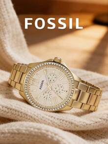 Fossil Women's Quartz Chronograph Watch, Gold-Tone Case, Crystal Bezel, Champagne Dial, Stainless Steel Bracelet, Luxurious & Eye-Catching, Formal Evening Accessory - White - View 2