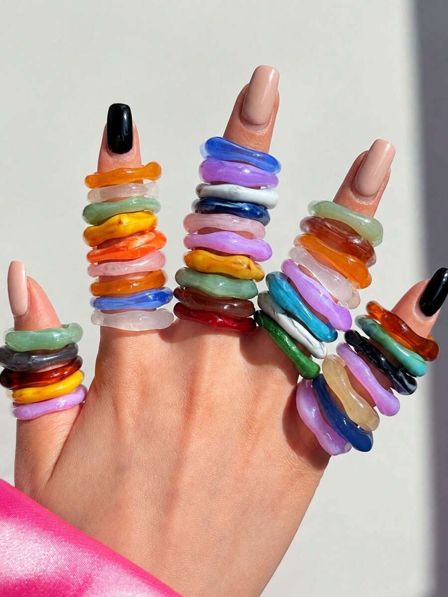 15/10/5pcs/Set Colorful Asymmetrical Tie Dye Resin Rings, Minimalist Versatile Stacking Jewelry, Delicate Small Daily Wear Rings - Multicolor - View 1