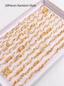 Set Cincin Tumpuk Warna Emas 20/30 Buah untuk Wanita, Berbagai Desain Cincin Jari Bertatahkan Hati, Bulan, Mutiara, dan Berlian Imitasi, Perhiasan Pesta Sehari-hari Gaya Vintage Boho, Hadiah - HJJZ-013 - View 11