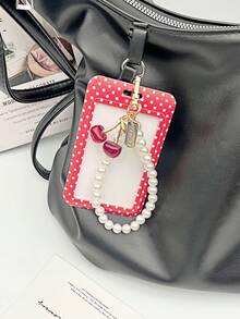 1pc Y2K Exquisite Cherry Card Holder Series Wallet Charm, Charming Pearl Beaded Sliding ID Holder, Campus Card, ID Card Sleeve, Work Card, Travel Transit Card Holder, DIY Handbag Charm, Women's Decorative Bag Accessory, Room Decor, Christmas Gift - Multicolor - View 2