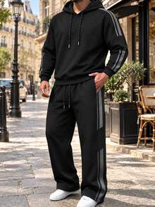 Autumn/Winter Men's Hooded Pullover Sweatshirt Casual Commute Travel Workout Striped Long Pants 2 Pieces Set - Black - View 2