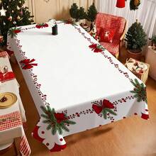 1PC Party Tablecloth, Minimalist Red & White Bow & Holly Berry Christmas Style Pattern Party Tablecloth, Durable Polyester Fabric, Suitable For Indoor/Outdoor Daily & Christmas Party Decoration, Easy To Clean Tablecloth, Suitable For Coffee Table, Dining Table, Hotel, Restaurant, Camping & European/American Home Kitchen Decor - A - View 2