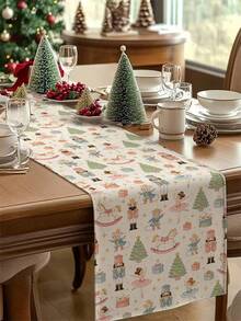 Pink Christmas Nutcracker Ballerina Table Runner, Cute Fairy Tale Mouse Rocking Horse Christmas Tree Table Decor, Winter Holiday Party Long Tablecloth For Home Kitchen Decoration - Multicolor - View 1
