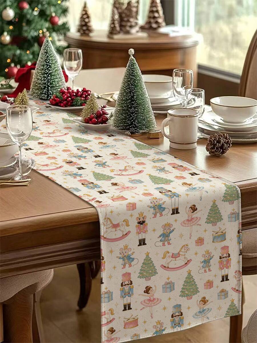 Pink Christmas Nutcracker Ballerina Table Runner, Cute Fairy Tale Mouse Rocking Horse Christmas Tree Table Decor, Winter Holiday Party Long Tablecloth For Home Kitchen Decoration - Multicolor - View 1