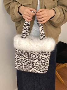 Girl's Classic Leopard Print Handbag With Soft Faux Fur Trim, Spacious Interior For Daily Essentials, Convenient Carrying, Sweet & Cool Retro Style Tote Bag, Suitable For Daily Commute, Weekend Outings, Party Outfits, Fashionable And Eye-Catching, Versatile For Multiple Occasions - White - View 3