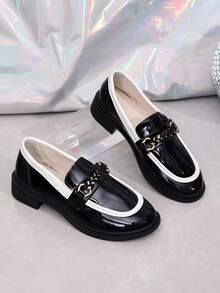 1Pair Women Solid Color Contrast Trim Patent PU Loafers,Metal Buckle Decor Slip-On Anti-Slip Round Toe Low Block Heel Preppy Shoes For Daily Office - Black - View 7