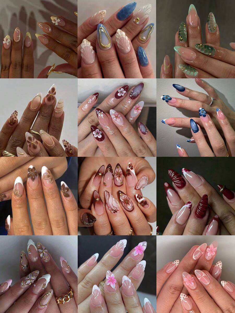 288pcs Long Almond Shape 3D Gel Nail Stickers, Floral Nails, Polka Dot Nails, Y2K Nails And Leopard Print Nails Design French Manicure Nail Patches With Pearl Rhinestone Design, Almond Nails Fake Nails, Suitable For Daily Work, Holidays, Parties - Multicolor - View 1