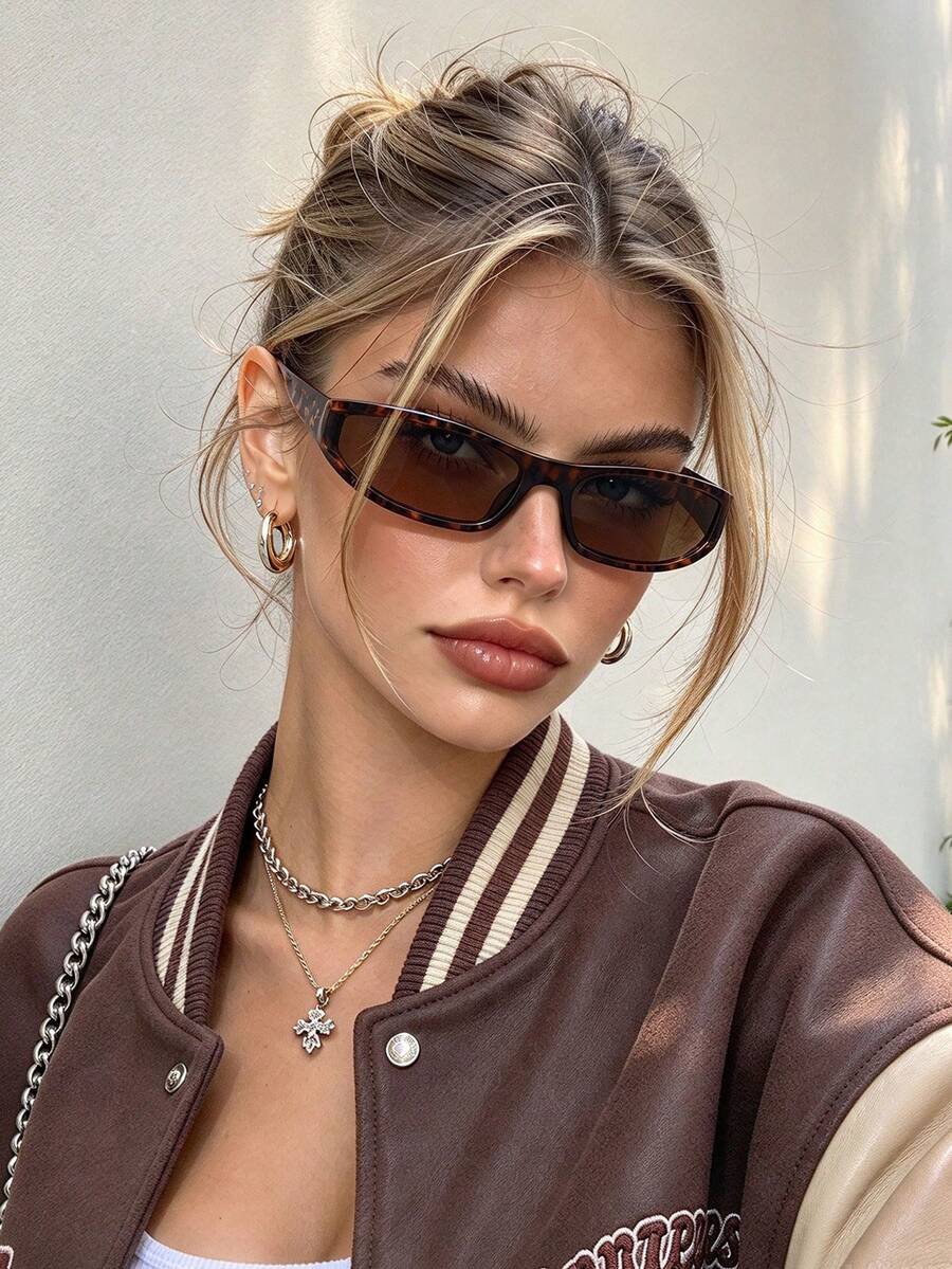 1件歐美Y2K小框未來感窄框時尚眼鏡,個性化辣妹女款眼鏡 - 玳瑁框茶片 - 查看 1