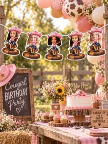 Custom Photo Pink Cowgirl Birthday Banner,Girl Western Rodeo Riding Bull Face Cutout Bunting,Howdy Birthday Girl Garland,Wild West Country Party Decor - Pink - View 5