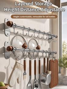 Wall Mounted Kitchen Hanging Rail Organizer, Multi-Purpose Pot And Pan Holder, No Punch Installation, Hang Cooking Gadgets, Measuring Cup, Kitchen Towel, Ideal For Home Kitchen, Farmhouse, Small Space Storage Solution - Multicolor - View 4