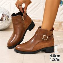 Women's Metal Buckle Side Zipper Round Toe Chunky Heel Brown Ankle Boots, Autumn/Winter - Brown - View 7