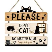 Papan Gantung Kayu Bergambar Kucing Hitam "Mohon Jangan Biarkan Kucing Keluar" Dekorasi Dinding Hewan Lucu Produk Kayu Gantung - A - View 4