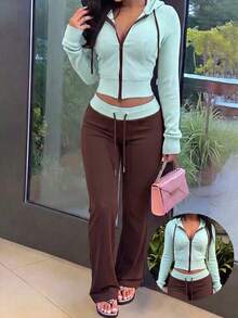 NOIRLYN Women's Winter Vintage Color Block Sports Casual Two Pieces Set, Zip Up Hooded Sweatshirt Jacket And High Waist Drawstring Flare Pants - Light Blue - View 1