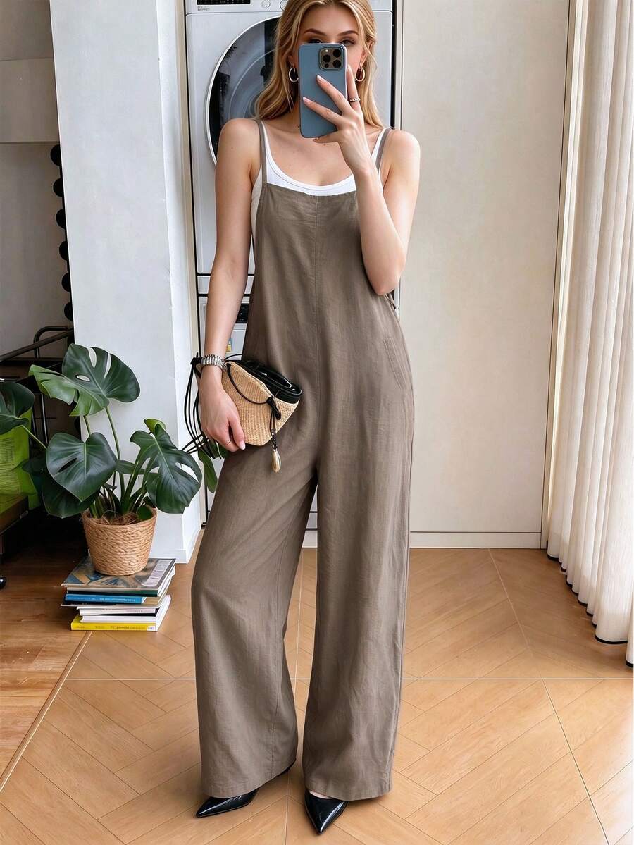 Women's Long Jumpsuit, Sleeveless Spaghetti Strap Design, Button And Pocket Details, Fashionable Casual Jumpsuit Summer Elegant - Coffee Brown - View 1