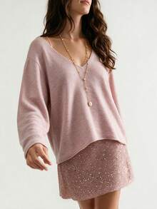 HEYMINI Autumn/Winter New Comfortable Cashmere Sweater, Women's Sweet Solid Color V-Neck Long Sleeve Knit Top, Suitable For Daily Wear - Baby Pink - View 7