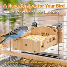 Solid Wood Hanging Parrot Bed With Removable Soft Cushion, Bolt-Fixed Resting Platform For Bird Cage, Natural Wood Bear Design, Resting Nest And Perch For Small To Medium Parrots - Yellow - View 10