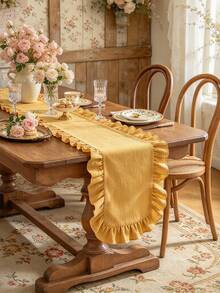 1PC Pastoral Vintage Warm Yellow Ruffle Edge Table Runner, Suitable For Dining Table, Entryway, Vanity, Fireplace, Display Stand, Picnic, Cafe, Wedding, Festival, Party And Multi-Scene Decoration - Yellow - View 5