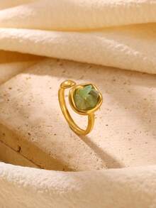 1PC Bohemian Irregular Adjustable Ring 18K Gold Plated Natural Green Chip Stone Stainless Steel Stackable Women Finger Ring Christmas Jewelry Gift - Multicolor - View 9
