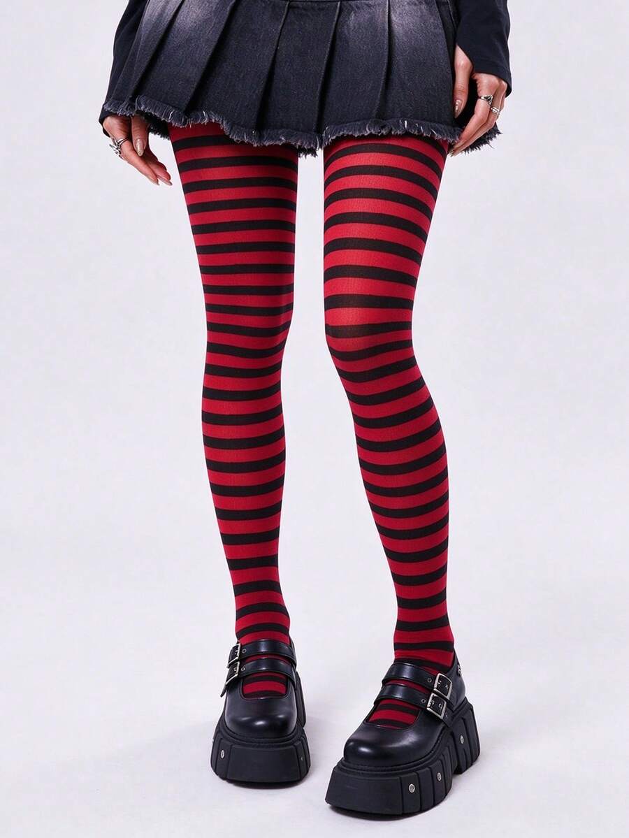 1 Pair Basic Christmas Halloween Stripe Pantyhose, Flattering & Cute For Daily & Parties, Classic Pick - Multicolor - View 1